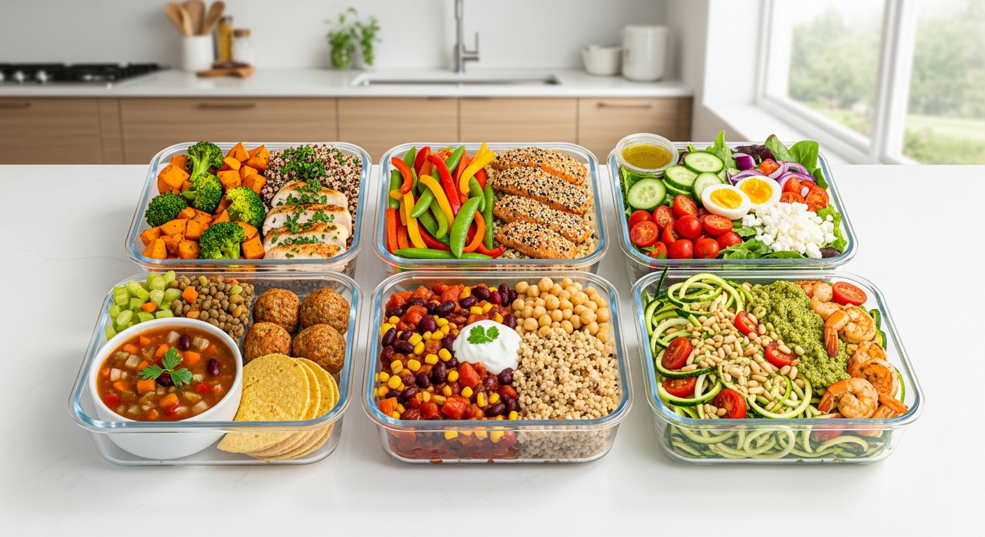 Organized meal prep containers with fresh ingredients